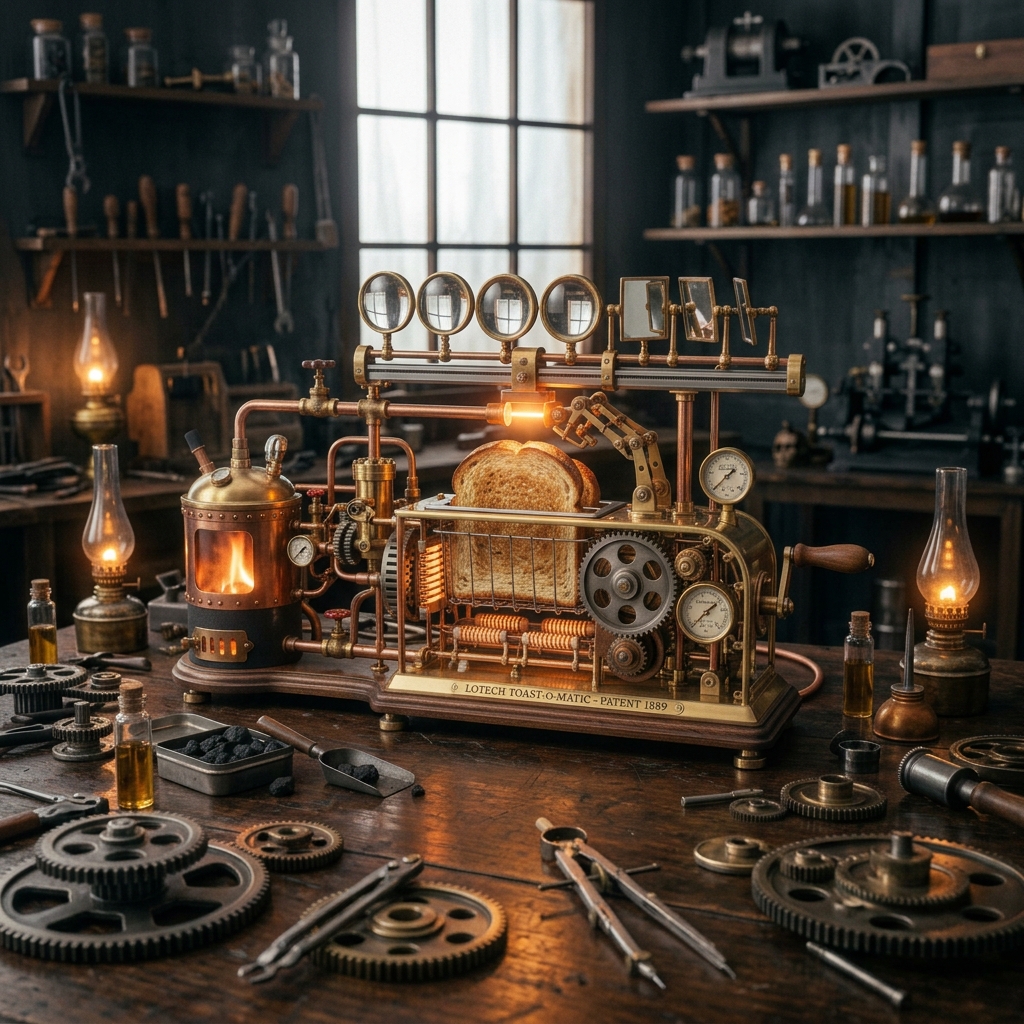 A highly complex, Rube Goldberg-style steampunk toaster made of brass and gears